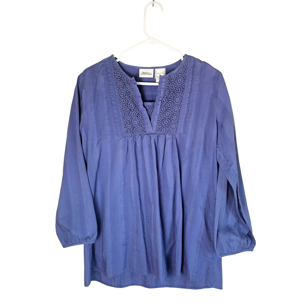 Vermont Country Store Blue Cotton Crochet Lace Pintuck Dobby Blouse Medium
